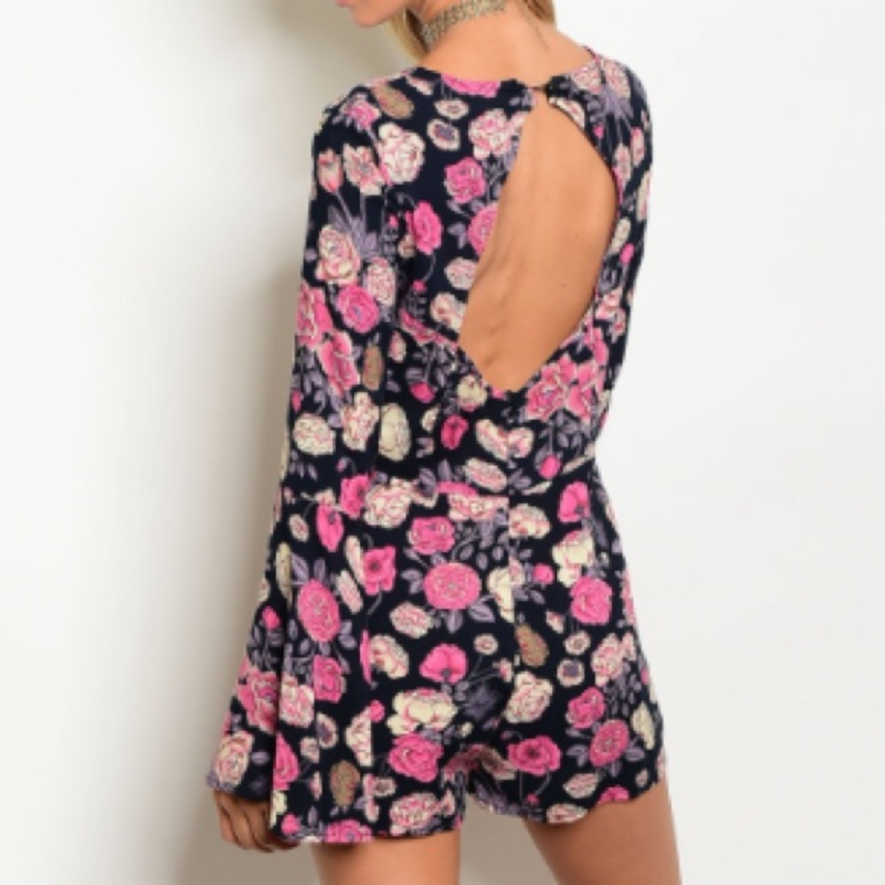 Navy floral romper with a plunge lace-up neckline. - Picture 3 of 6